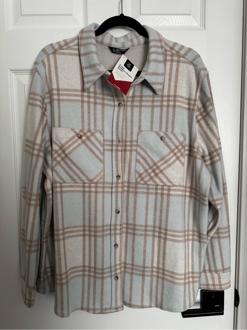 Plaid Button-Front Jean Jacket in Light Blue and Beige